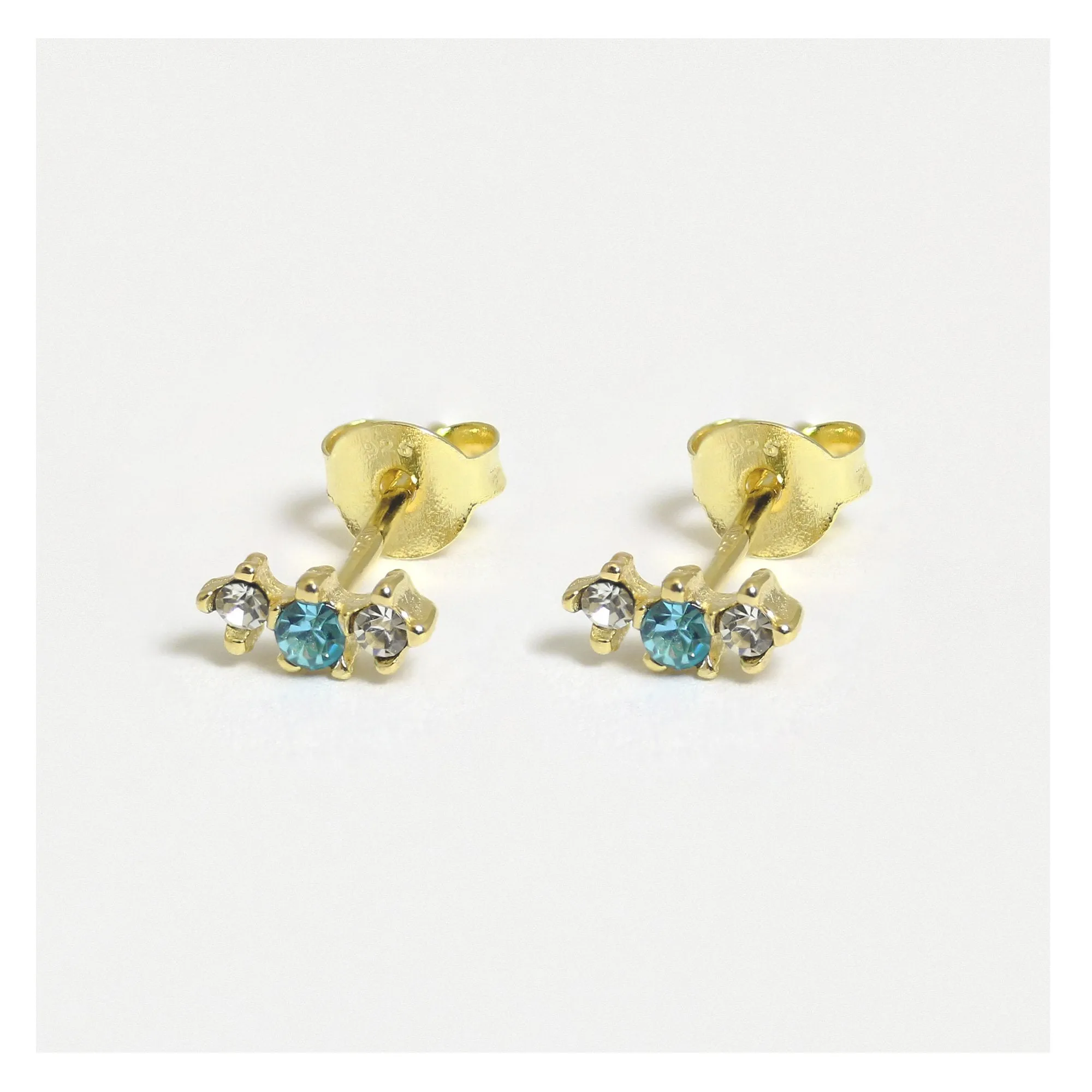 Gold Triple CZ and Aqua Ear Stud - Elegant Jewellery for Any Occasion