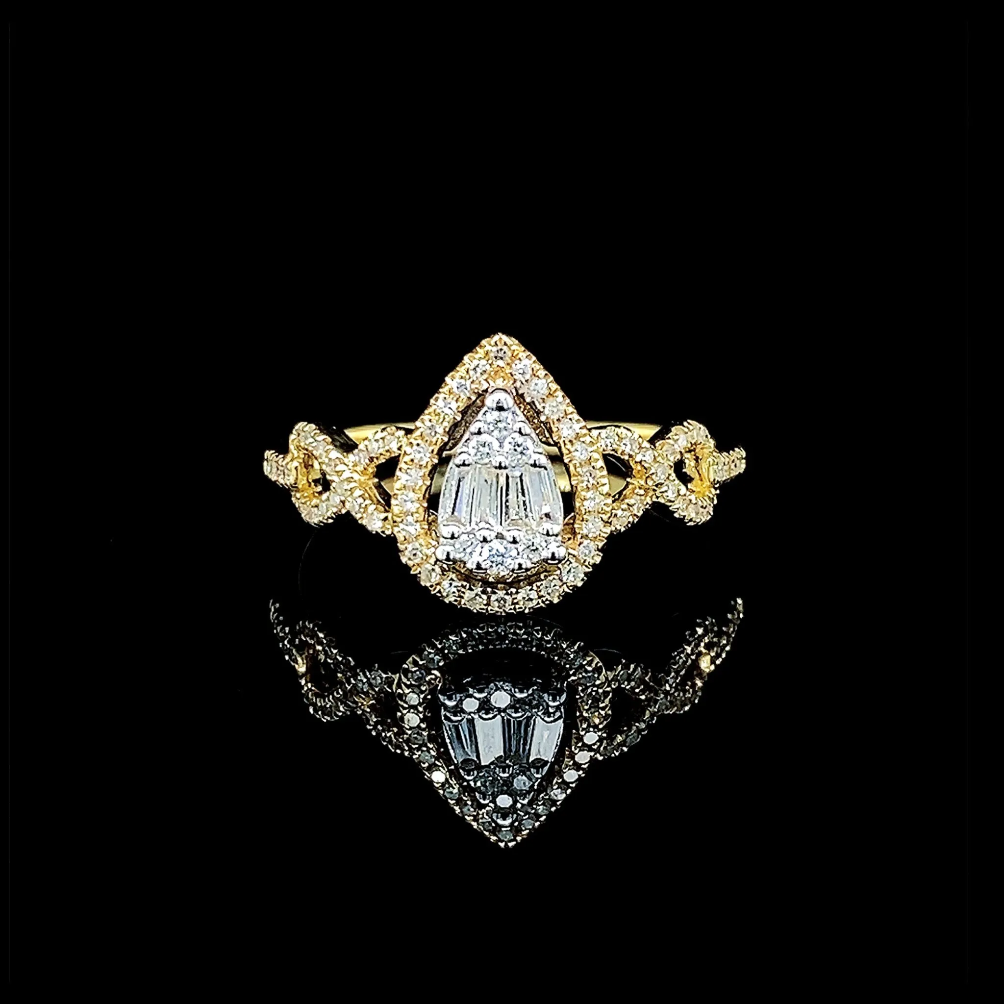 Golden Pear  Paved Deco Diamond Ring 14kt