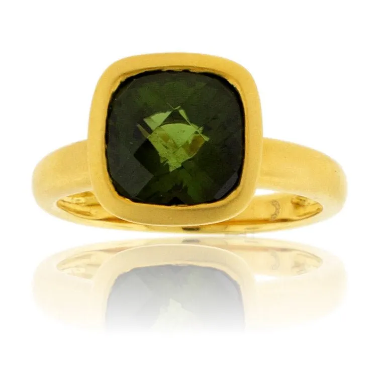 Green Tourmaline Cushion Cut Bezel Style Ring