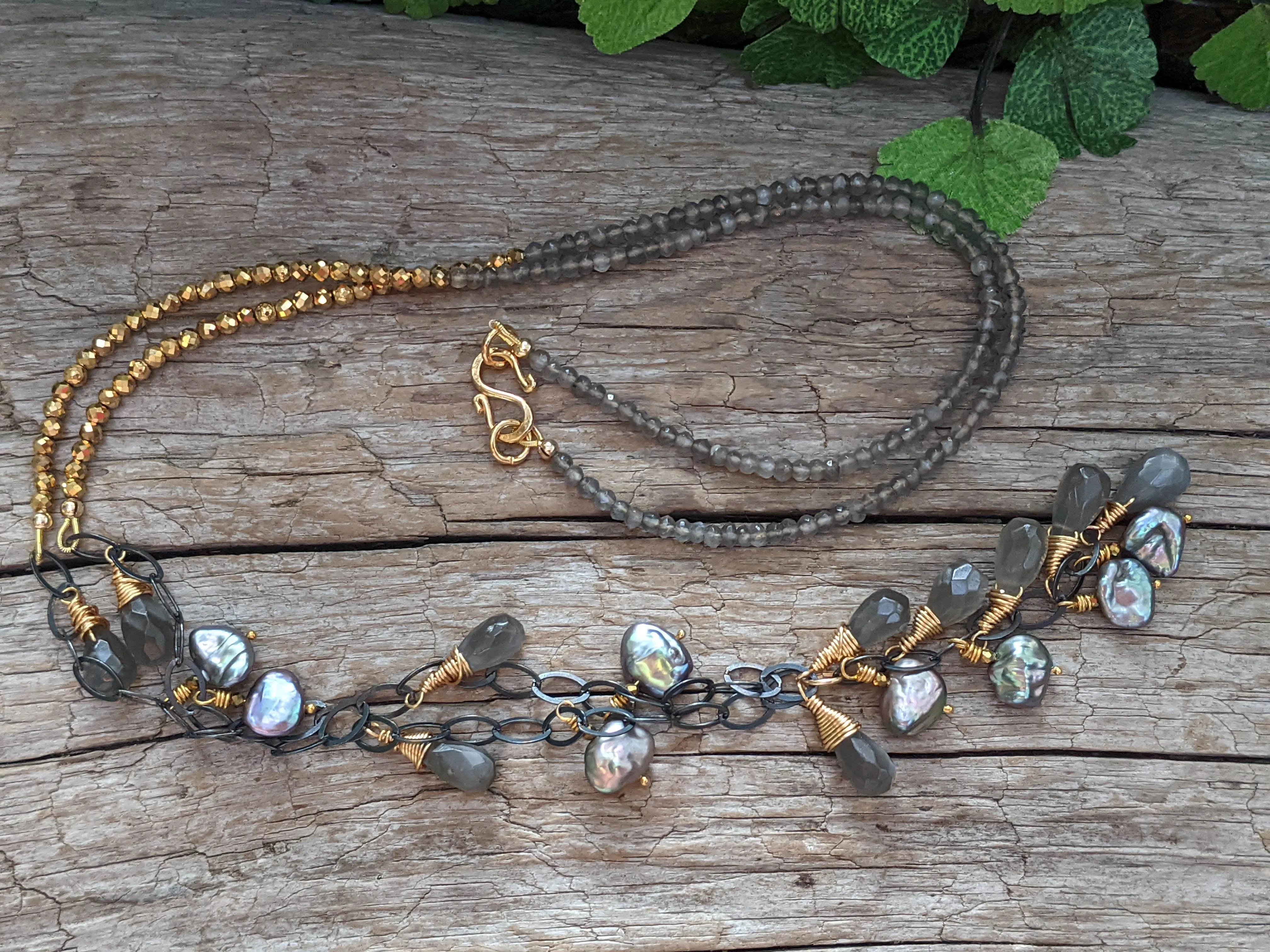 Grey Moonstone & Grey Baroque Pearl Long Necklace