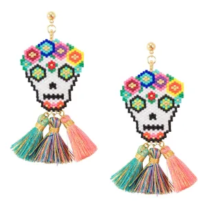 Hand Beaded "Calavera" Drop Earrings with Tassels