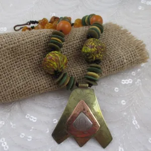 Handmade Pendant Necklace in Amber & Yellow Beads