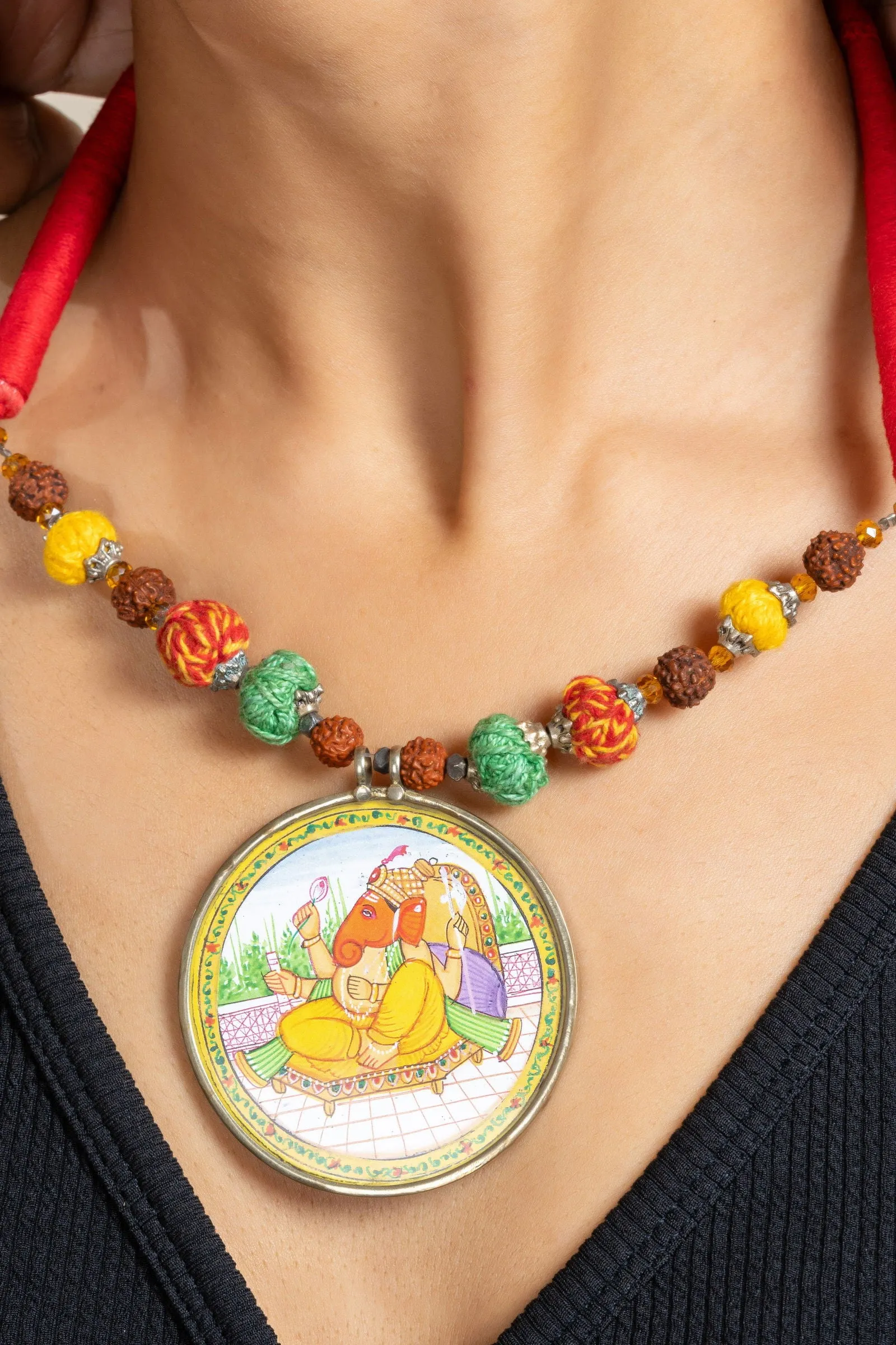 Handmade Yellow Miniature Handpainted Ganesha Pendant with Red Green Yellow Cotton Beads Necklace