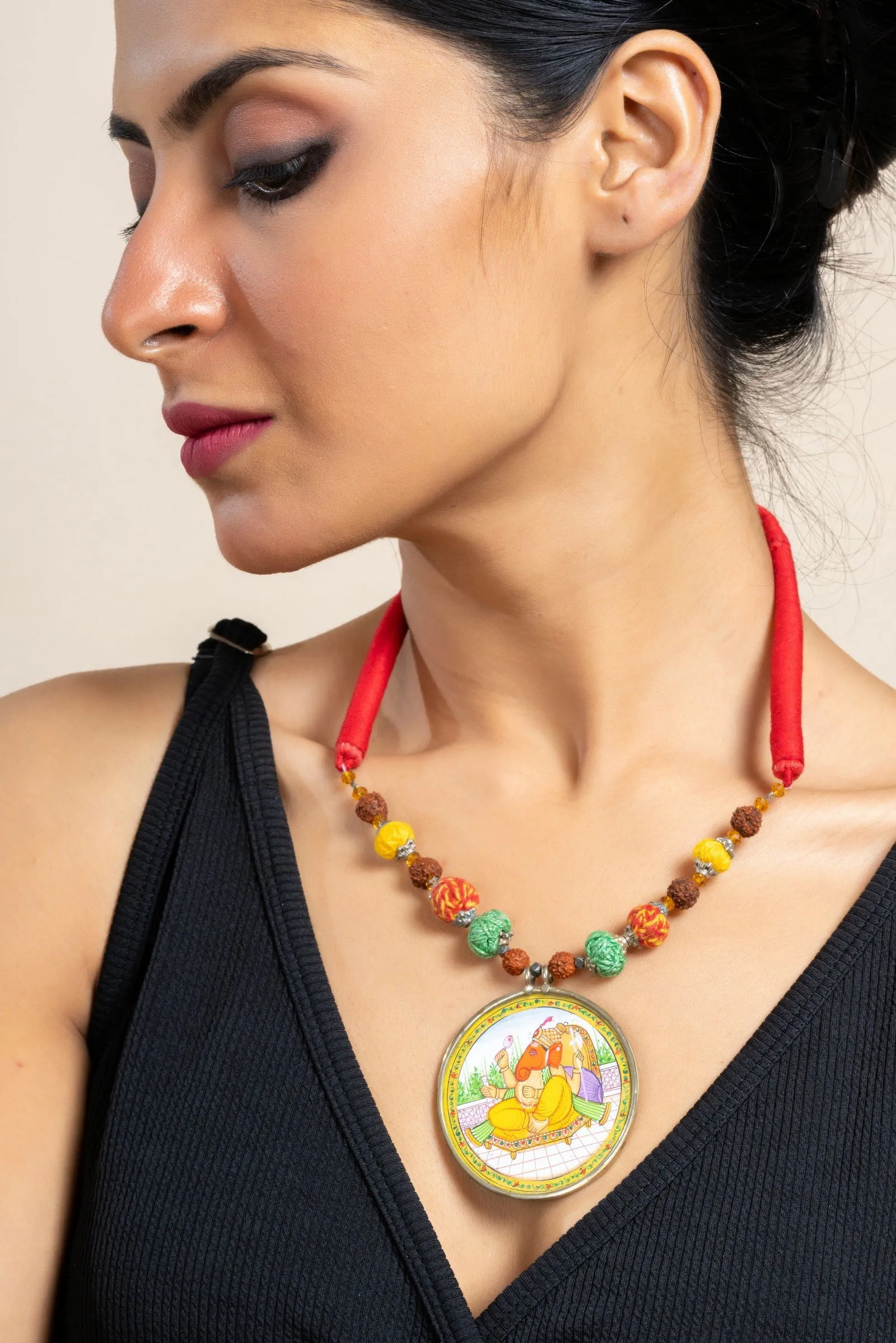 Handmade Yellow Miniature Handpainted Ganesha Pendant with Red Green Yellow Cotton Beads Necklace