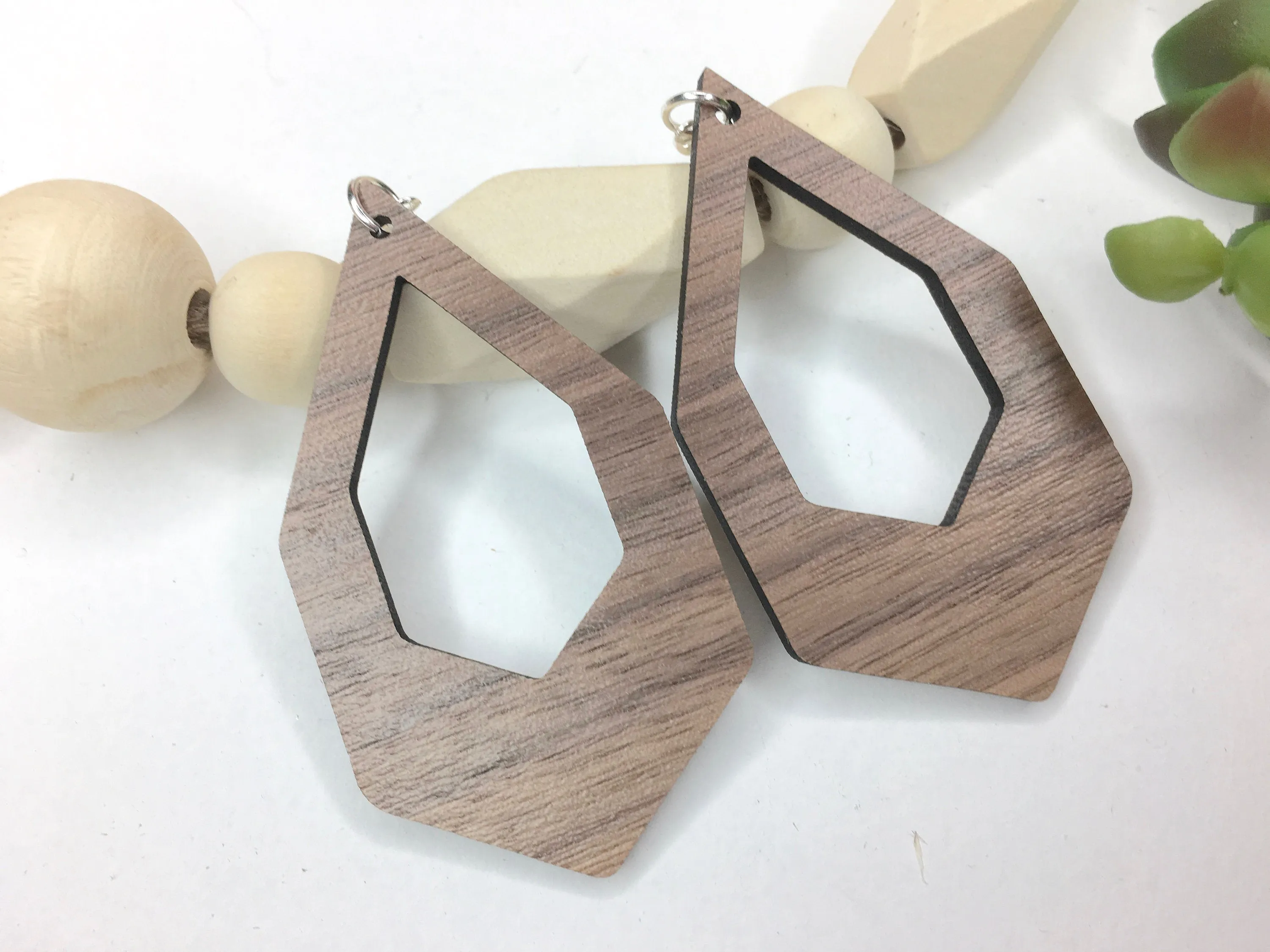 Large Geometric Drop Earrings Dangle Wooden Earrings Birthday Gift Idea Walnut Earrings