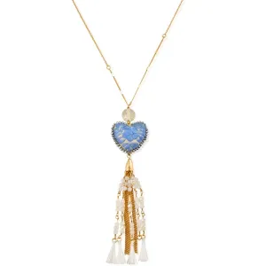 Long Embroidered Heart and Tassel Necklace - Light Blue