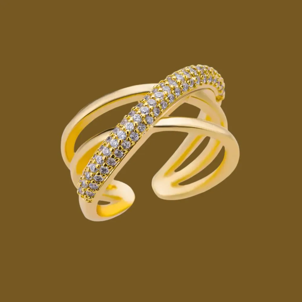 Luxurious Gold Plated Zircon Double Cross Rings for Women - Elegant Stainless Steel Wedding Couple Jewelry