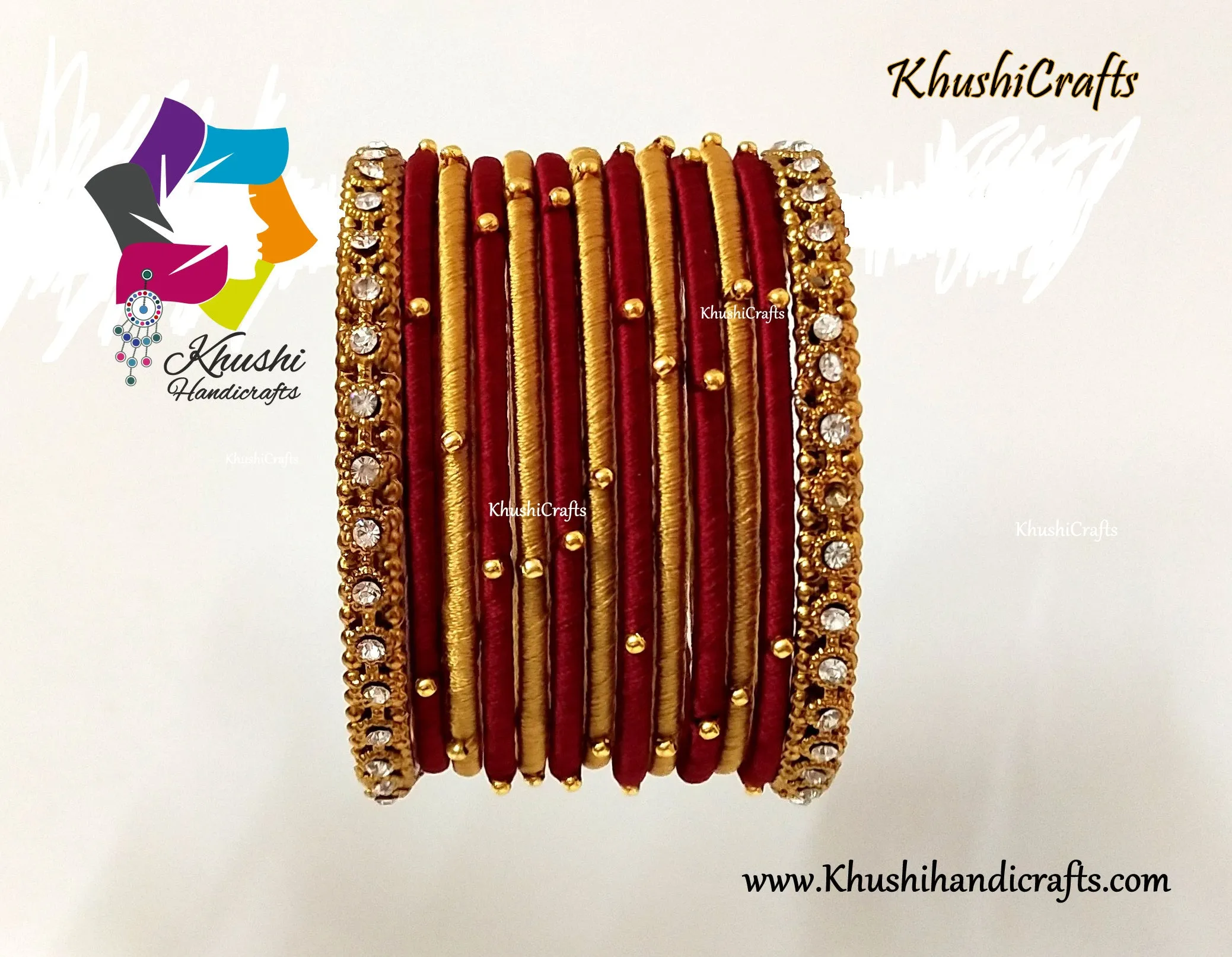 Maroon Gold Silk Thread Beaded Bangles