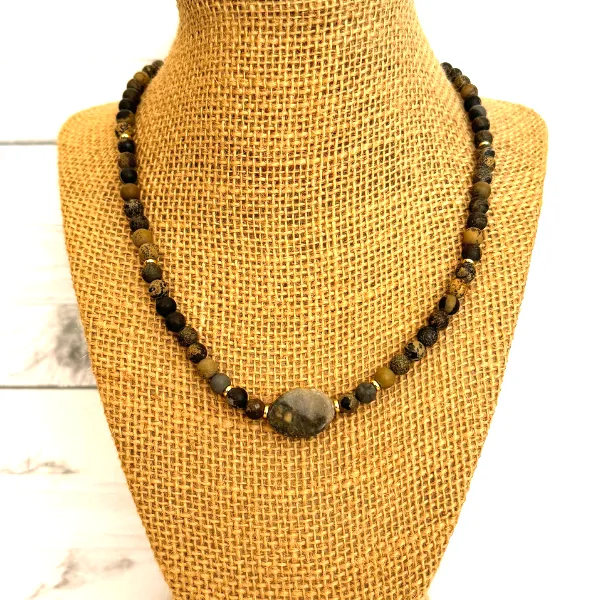 Mens Matte Artistic Stone and Tiger Marble Beaded Necklace