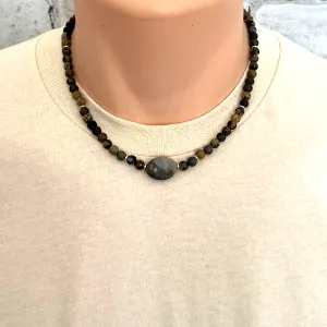 Mens Matte Artistic Stone and Tiger Marble Beaded Necklace