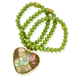 Moss GreenCrystal Beads and Embroidered Heart Stretch Bracelet