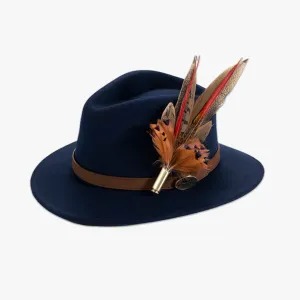 Navy Fedora with Feather Brooch