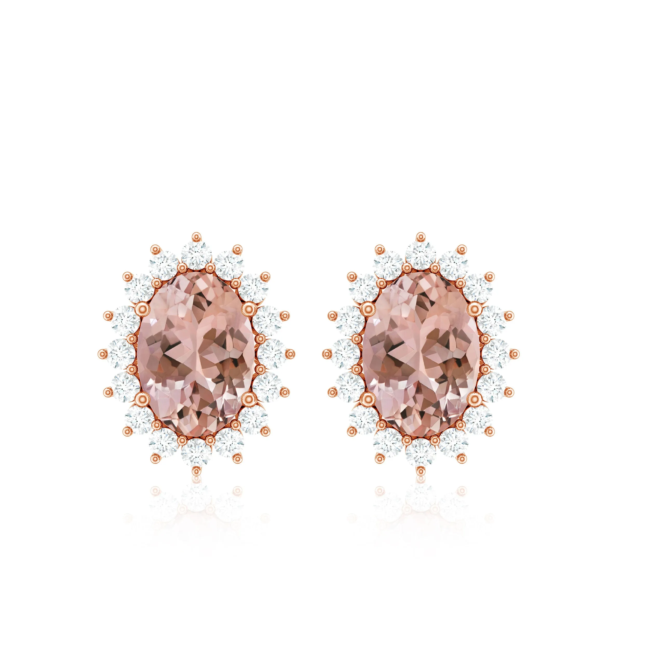 Oval Morganite and Diamond Classic Halo Stud Earrings