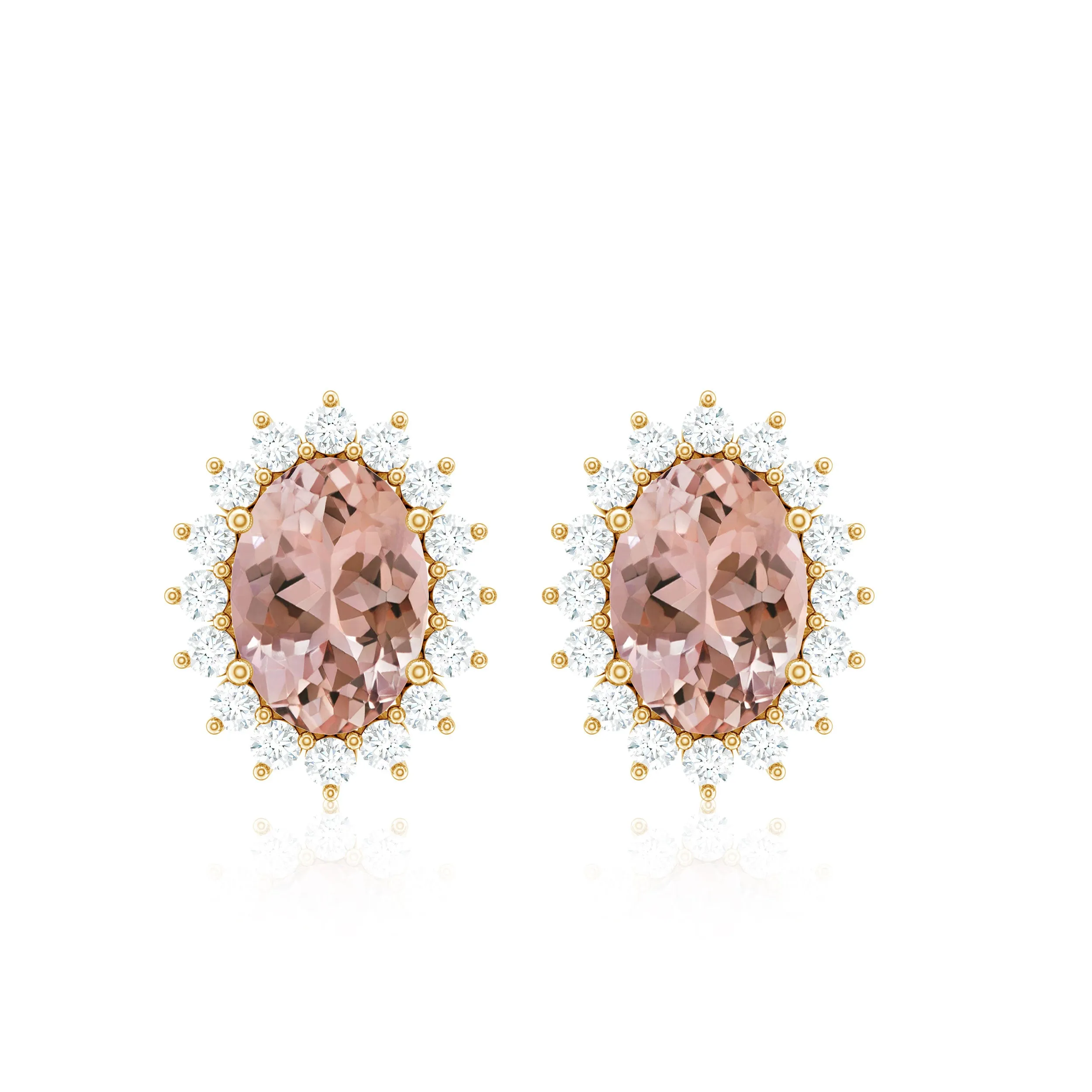 Oval Morganite and Diamond Classic Halo Stud Earrings