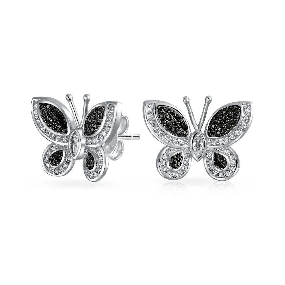 Pave CZ Garden Butterfly Huggie Hoop Stud Earrings 925 Sterling Silver