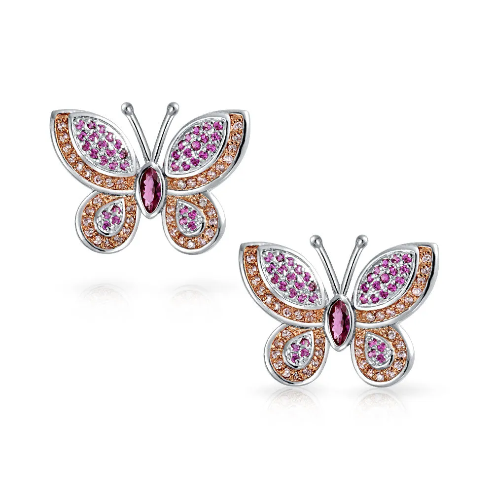 Pave CZ Garden Butterfly Huggie Hoop Stud Earrings 925 Sterling Silver