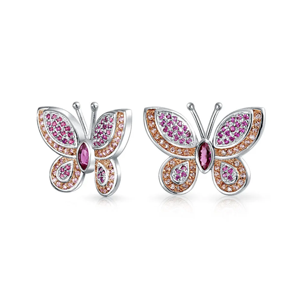 Pave CZ Garden Butterfly Huggie Hoop Stud Earrings 925 Sterling Silver