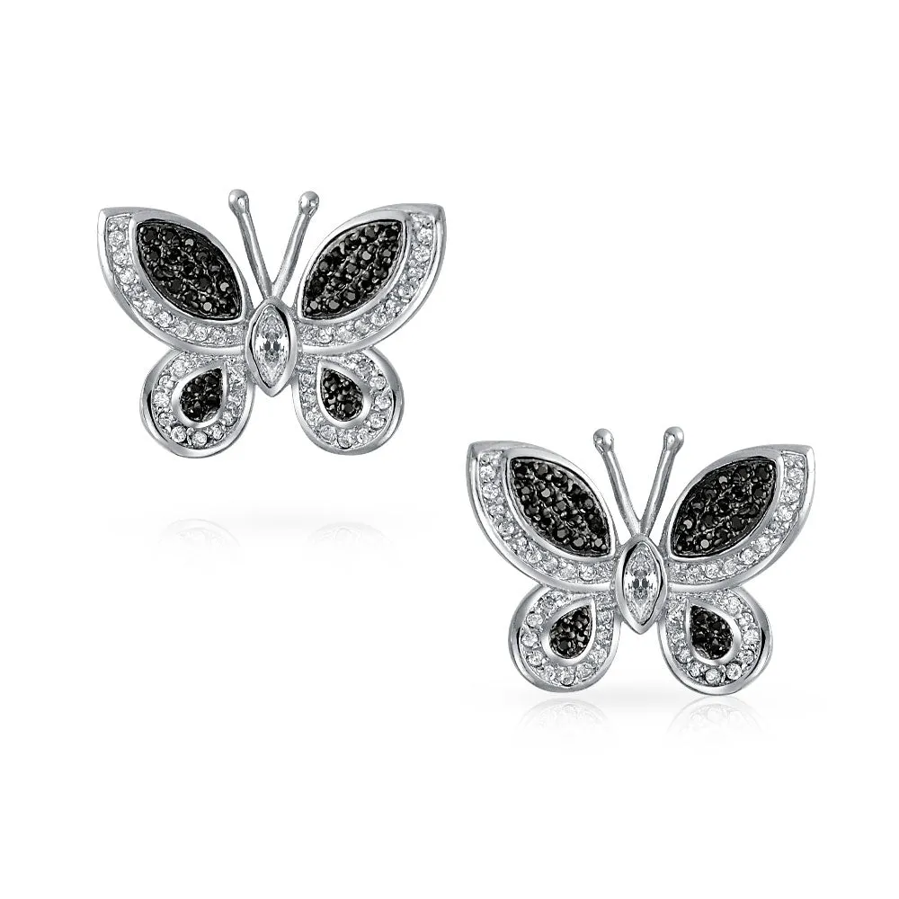 Pave CZ Garden Butterfly Huggie Hoop Stud Earrings 925 Sterling Silver