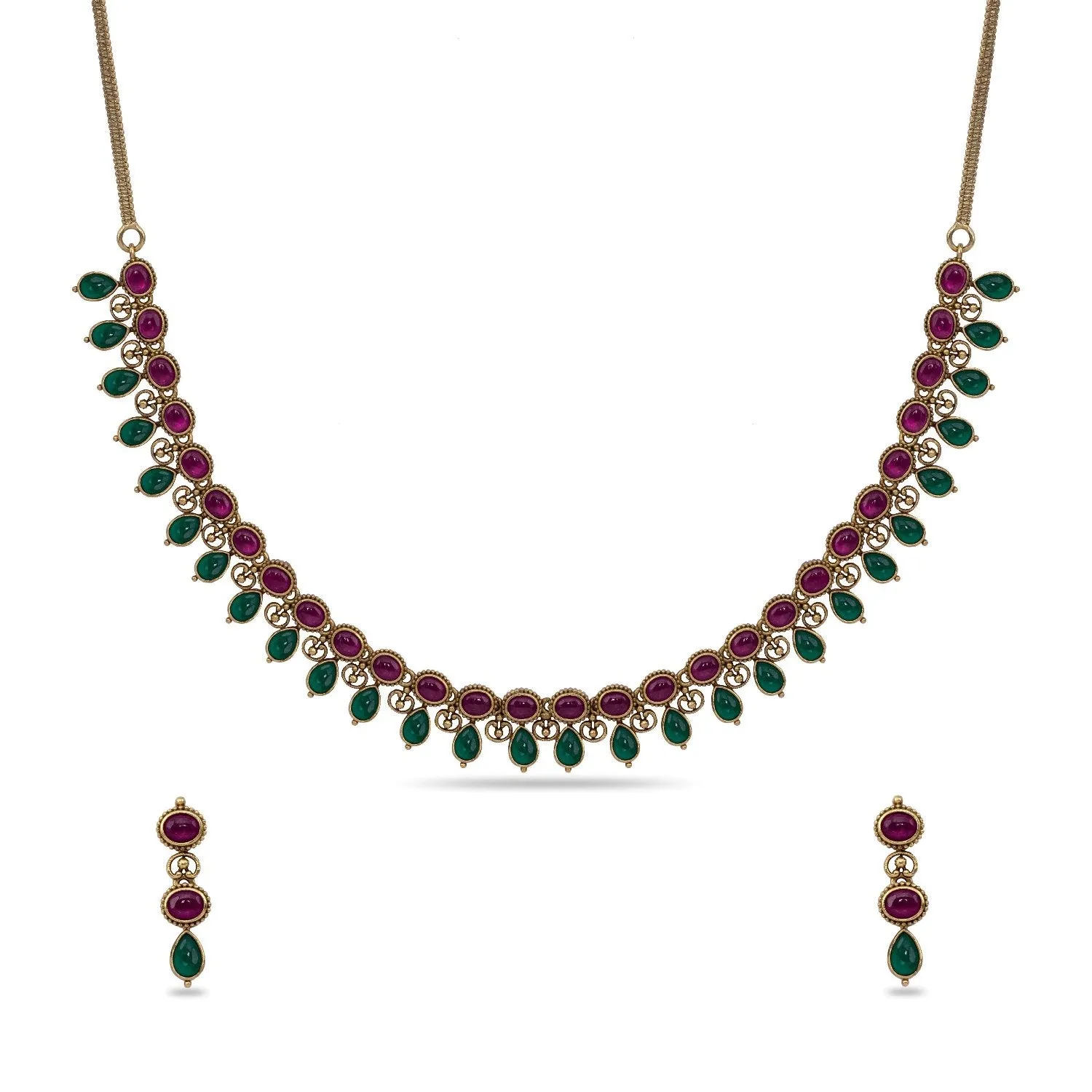 Preeja Antique Red Green Kempu Necklace Set