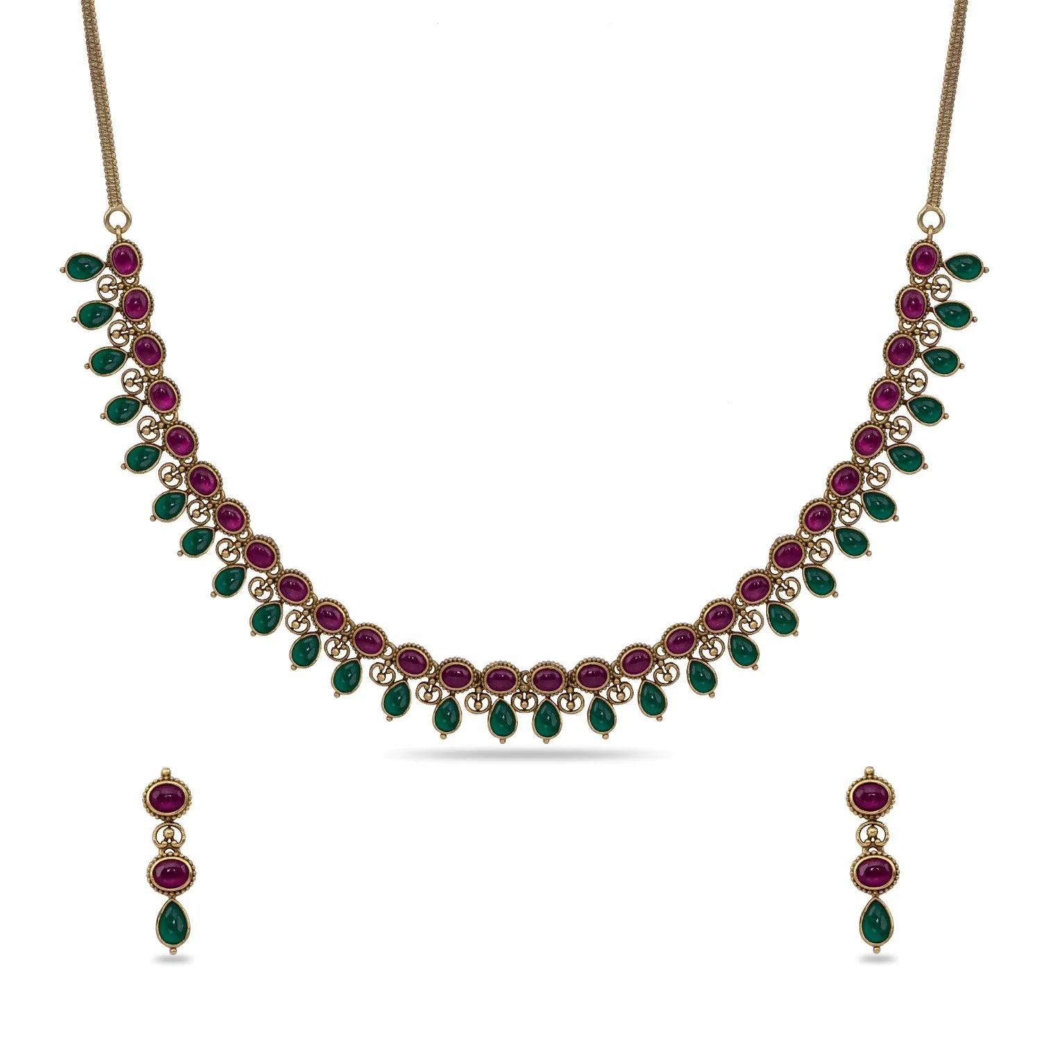 Preeja Antique Red Green Kempu Necklace Set