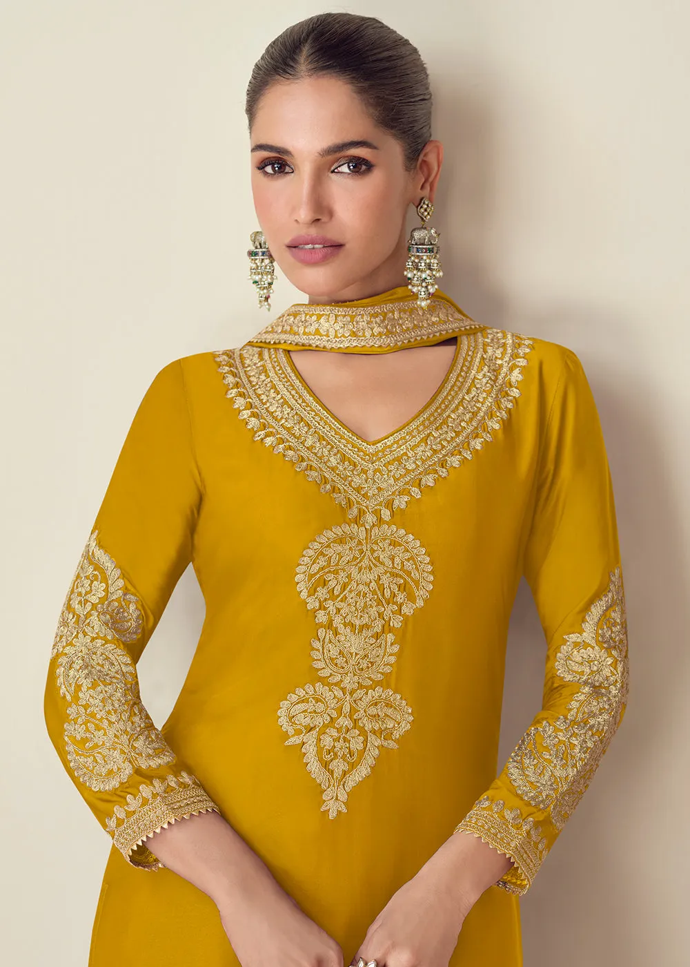 Premium Chinnon Yellow Embroidered Palazzo Style Suit