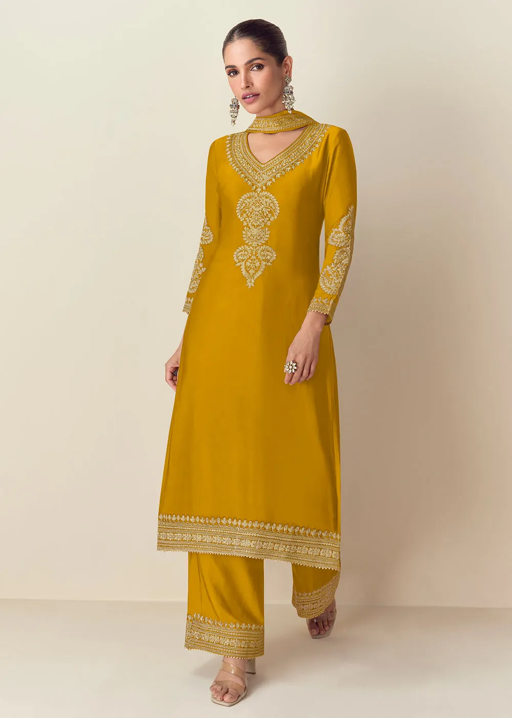 Premium Chinnon Yellow Embroidered Palazzo Style Suit