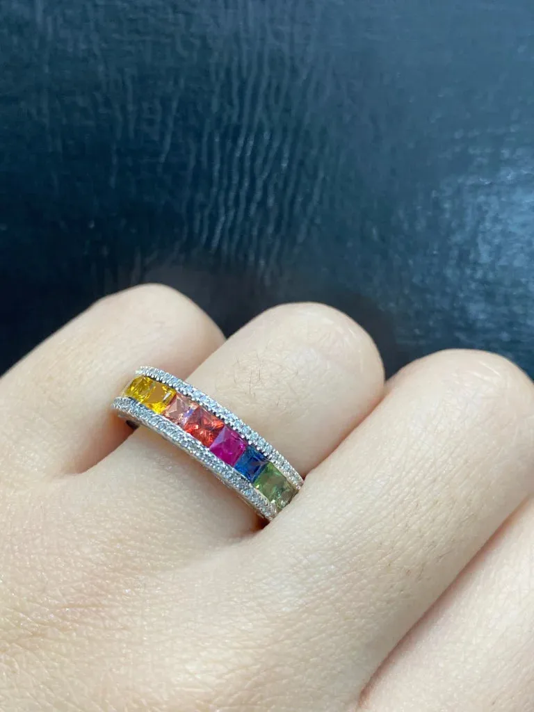 PREORDER | Rainbow Sapphire Gemstones & Half Eternity Diamond Ring 14kt