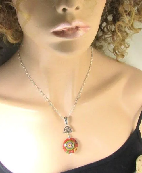 Red Green & Purple Artisan Bead Pendant Necklace