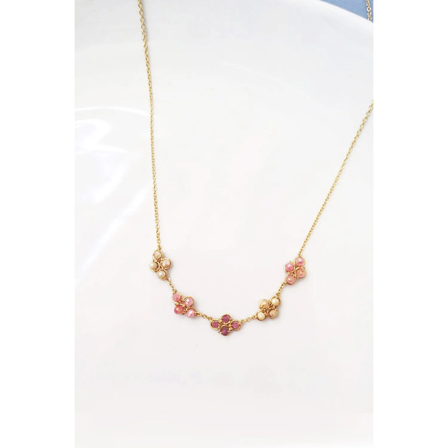 Rosey Mix Clover Necklace 4710 with Pink Sapphire, Silverite and Coated Moonstone by Michelle Pressler Jewelry