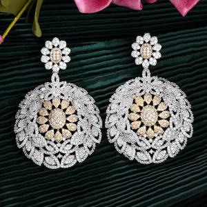 Round Disk Pendant Earrings Cubic Zirconia Pave Party Wedding Jewelry