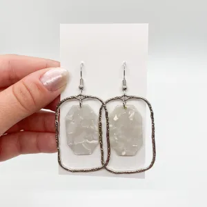 Silver and White Rectangle Drop Earrings