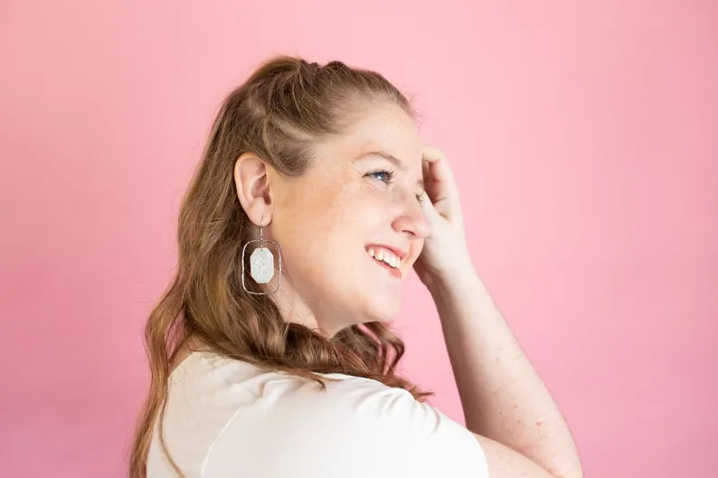 Silver and White Rectangle Drop Earrings