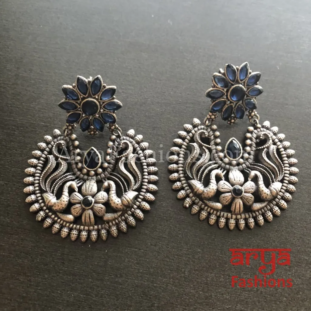 Silver Oxidized Chandbali Studs, Indian Trendy Earrings