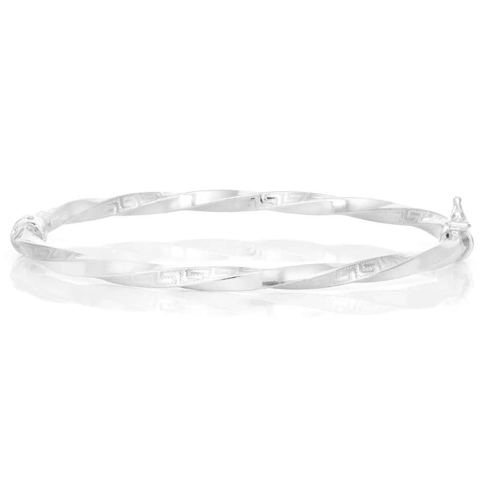 Sterling Silver Greek Key Oval Hinged Bangle