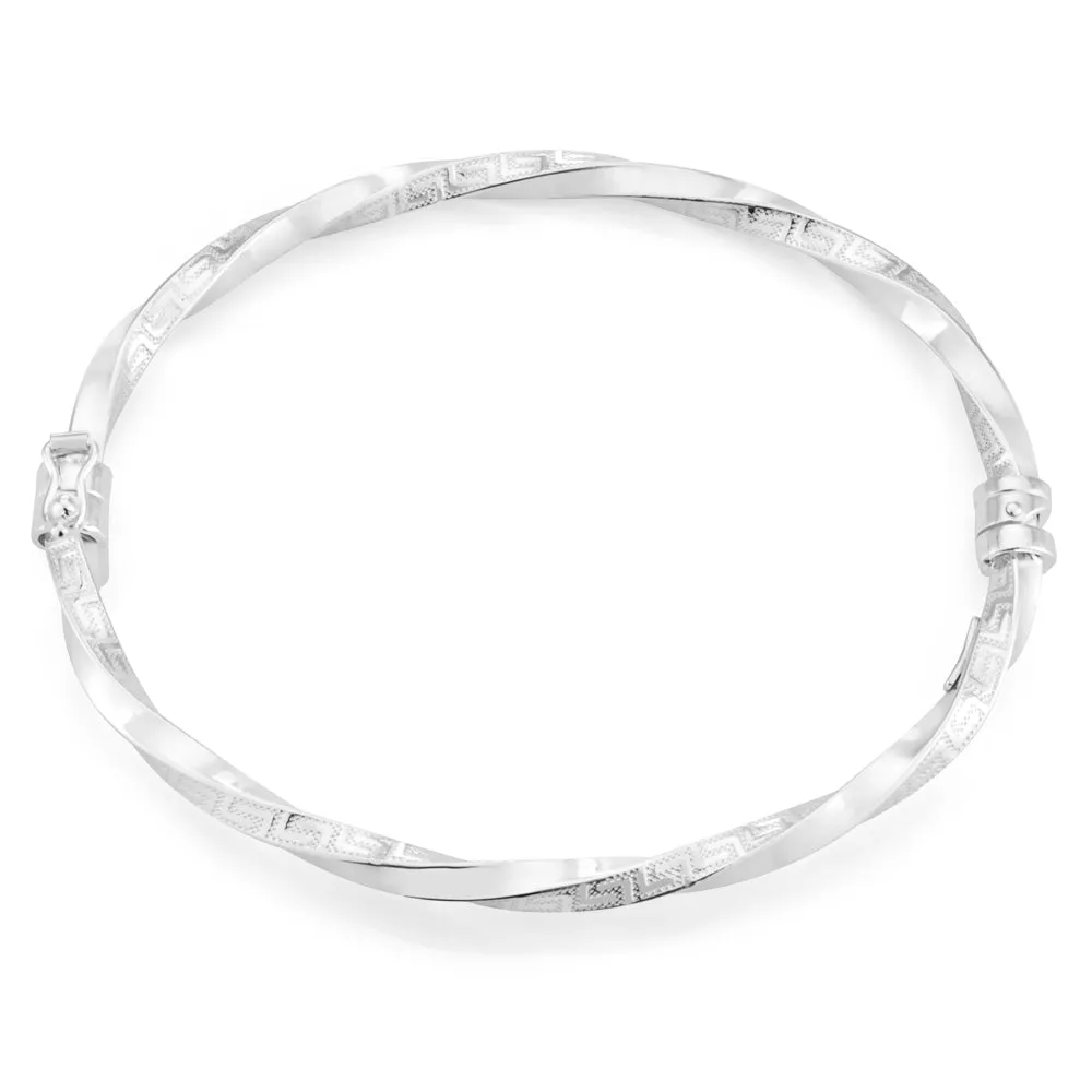 Sterling Silver Greek Key Oval Hinged Bangle