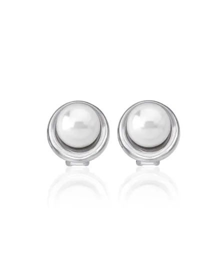 Sterling Silver Rhodium Plated Omega Short Earrings for Women with With Post Clasp and Organic Pearl, 10mm Round Flat White Pearl, Margot Collection