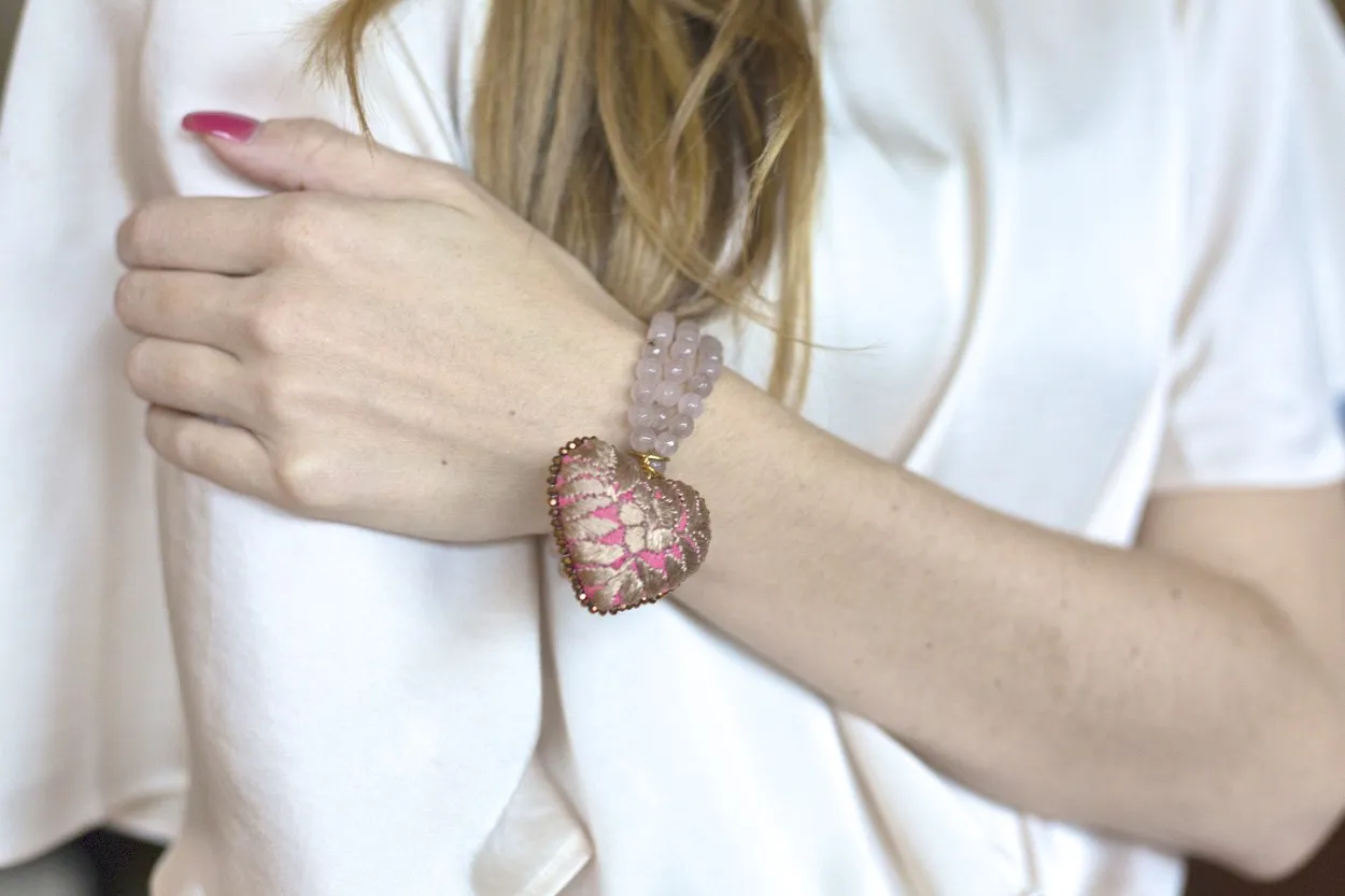 Stone Beads and Embroidered Heart Stretch Bracelet