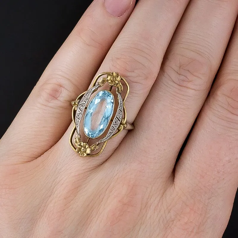 TEEK - Two Tone Flower Inlaid Sky Blue Ring