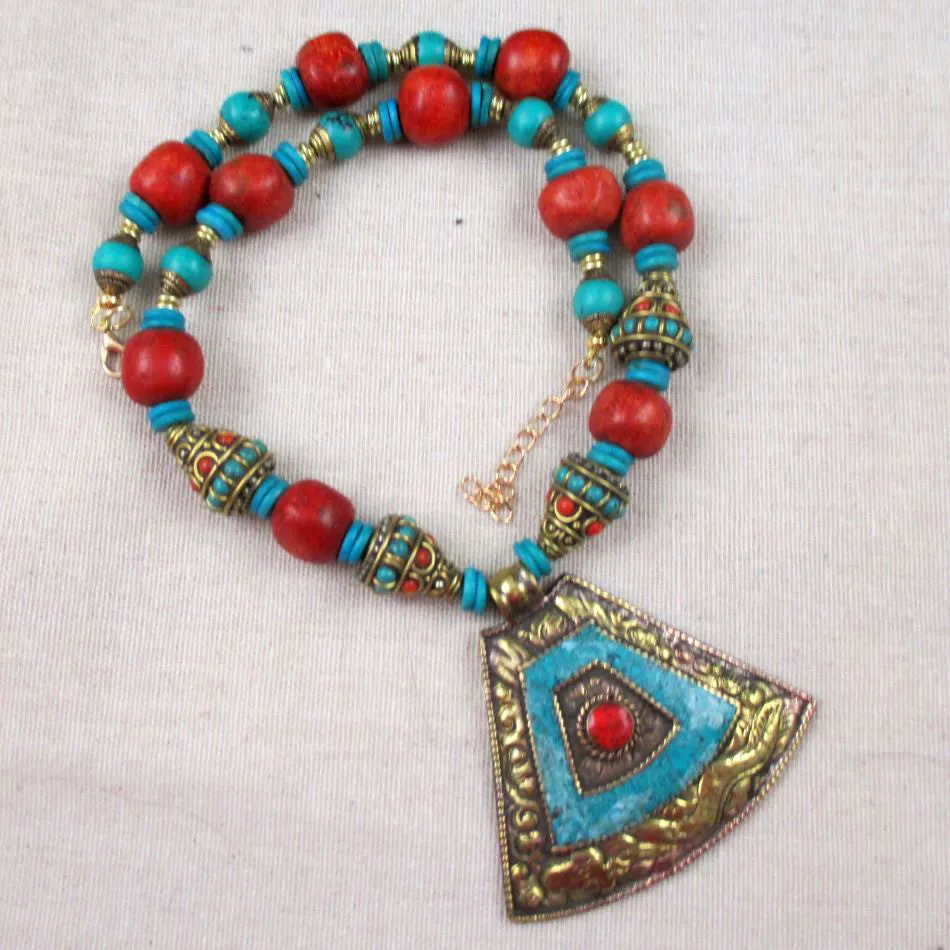 Tibetan Inlaid Bold Pendant Necklace