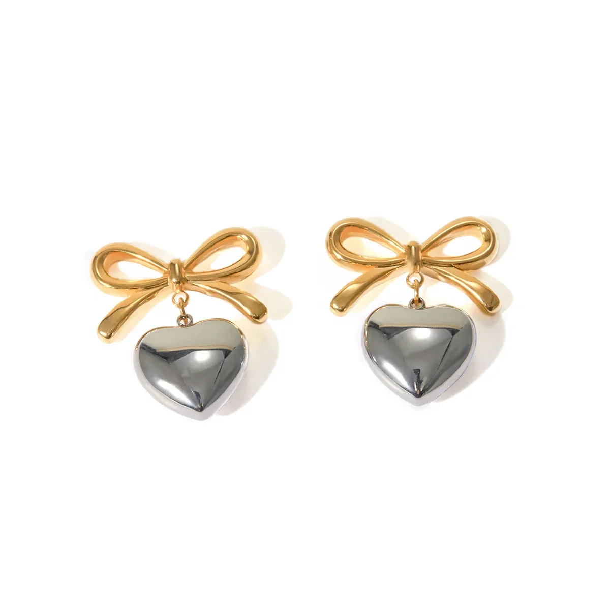 VAIGE Waterproof Stainless Steel Bow Heart Pendant Stud Earrings - Trendy Fashion Jewelry Gift