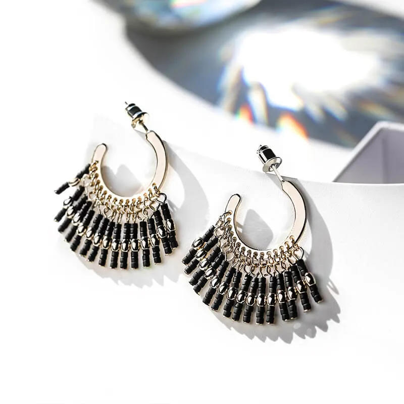 Vintage Bohemian Black Pearl Alloy Tassel Earrings