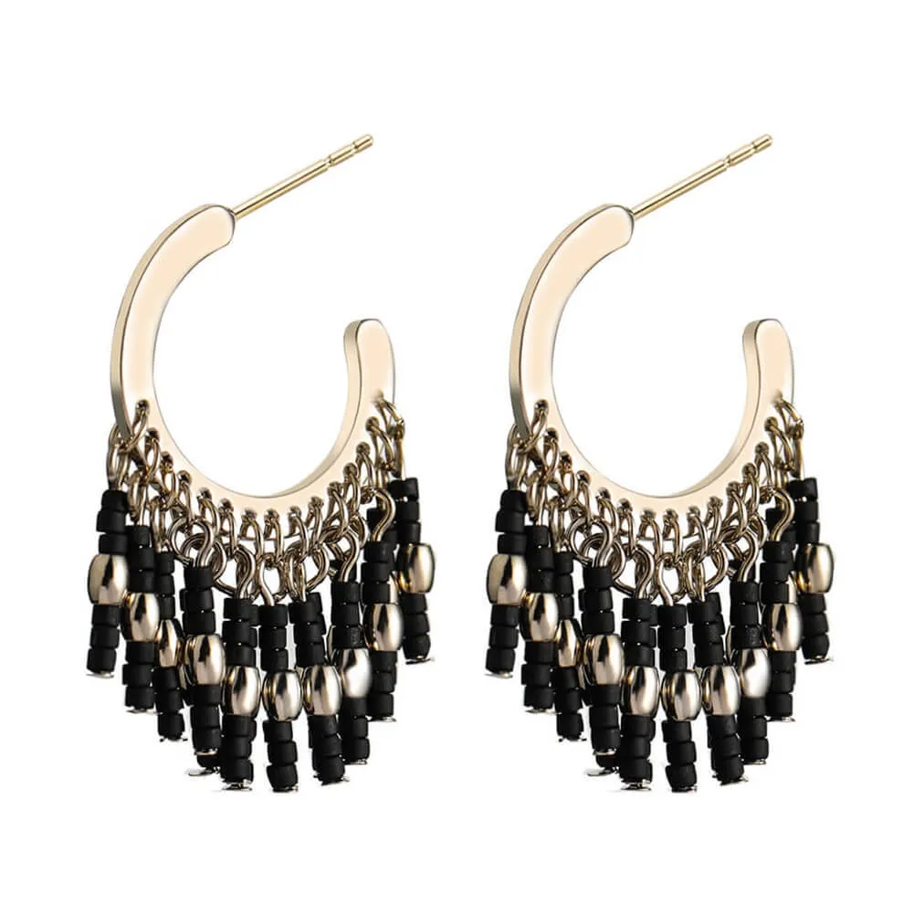 Vintage Bohemian Black Pearl Alloy Tassel Earrings