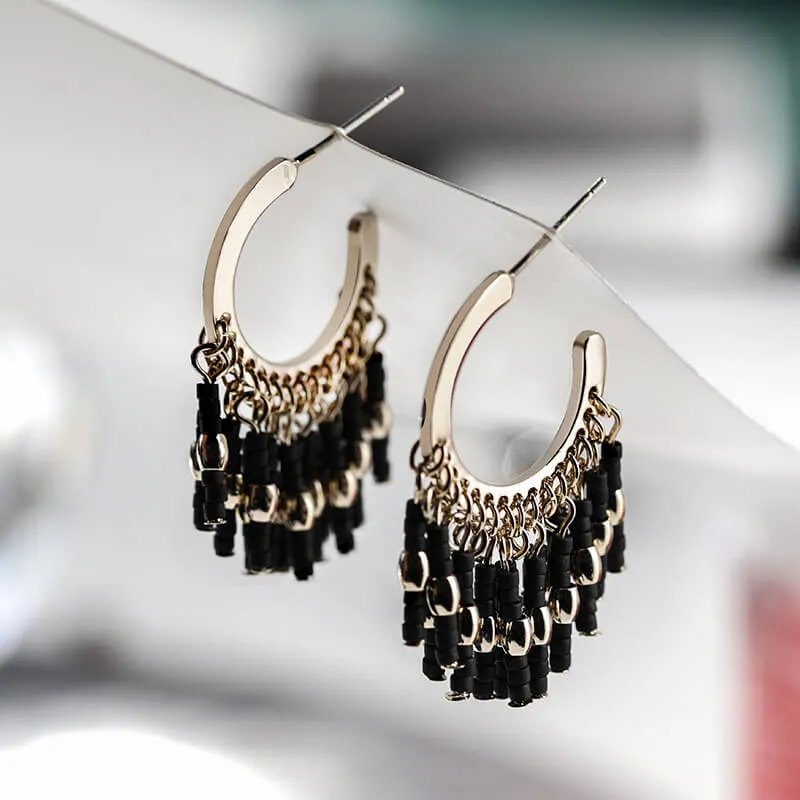 Vintage Bohemian Black Pearl Alloy Tassel Earrings