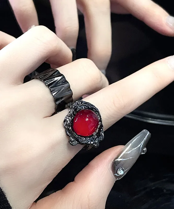 Women Retro Black Metal Gem Stone Rings Two Piece Set GH1075